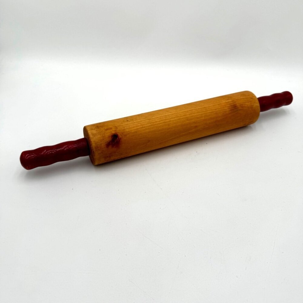 Vintage Wood Rolling Pin with  Red Painted Handle beautiful wood tones and color